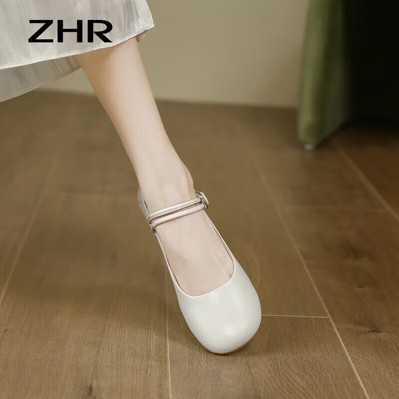 ZHR Mary Jane Shoes Women's Velcro Strap Shallow Mouth Single Shoes Solid Color...