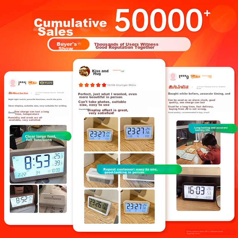 Mashi Alarm Clock, Student Thermometer And Hygrometer, Large Screen, Rechargeabl...