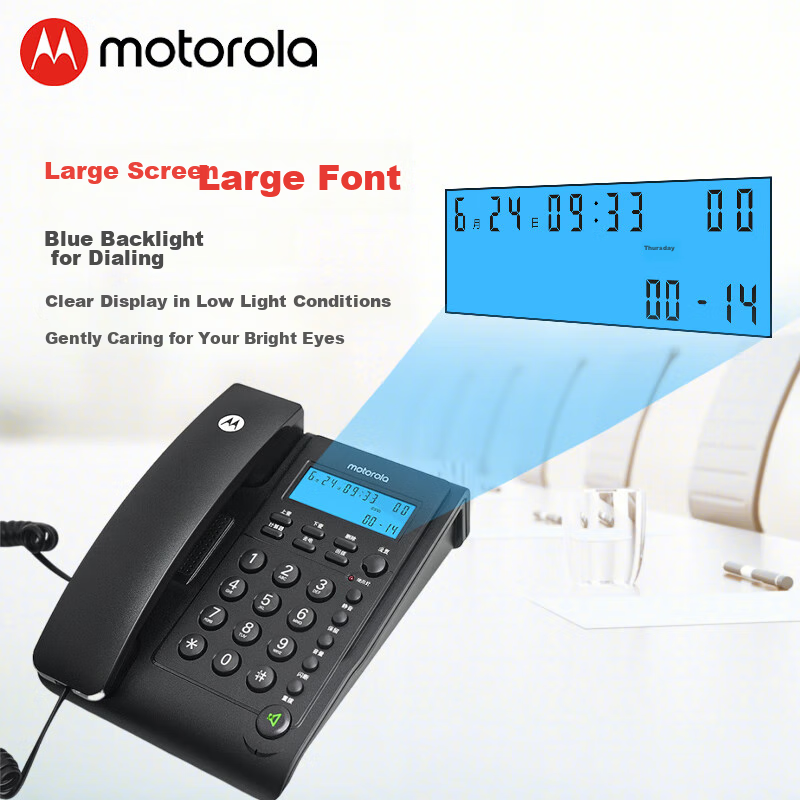 Motorola CT220 Black Corded Landline Phone with Blue Backlight, Clear Display, H...