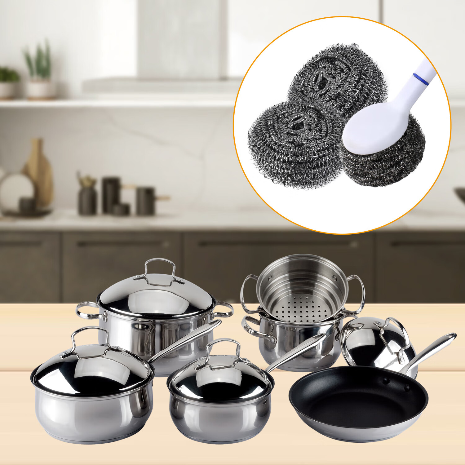 Mengting Stainless Steel Wire Scrubber Pot Scrubber with Handle, Long Handle Pot...
