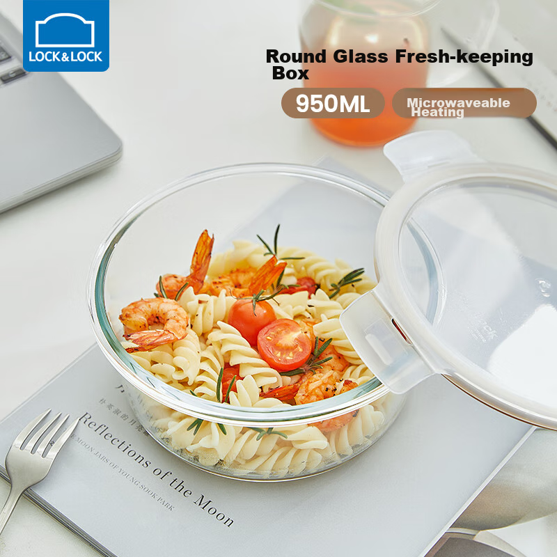 Lock & Lock Microwave-Safe Glass Lunch Box with Lid, Large Capacity Round Food C...