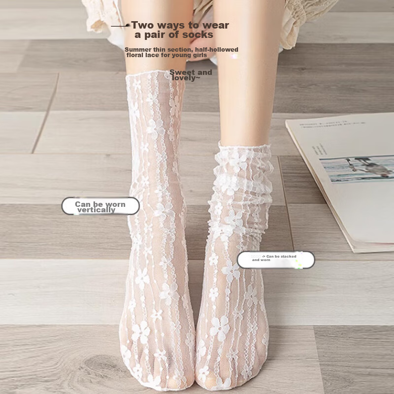 Langsha Lace Stockings for Women, Mid-Calf White Slouch Socks, Thin Spring And S...