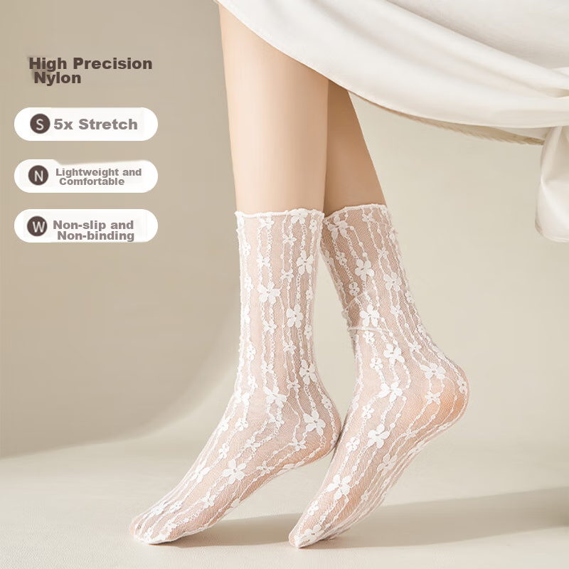 Langsha Lace Stockings for Women, Mid-Calf White Slouch Socks, Thin Spring And S...