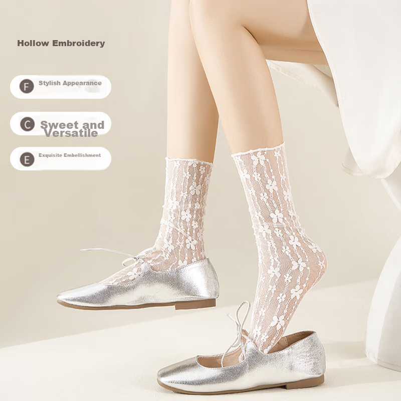 Langsha Lace Stockings for Women, Mid-Calf White Slouch Socks, Thin Spring And S...