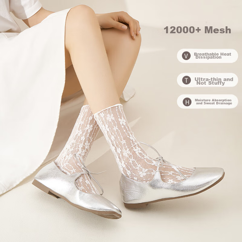 Langsha Lace Stockings for Women, Mid-Calf White Slouch Socks, Thin Spring And S...