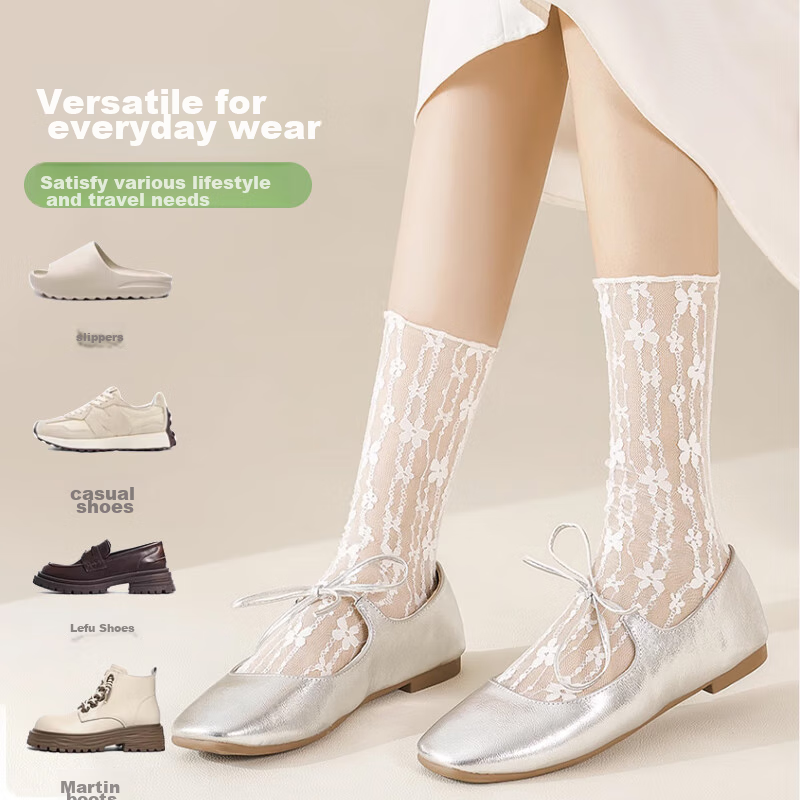 Langsha Lace Stockings for Women, Mid-Calf White Slouch Socks, Thin Spring And S...
