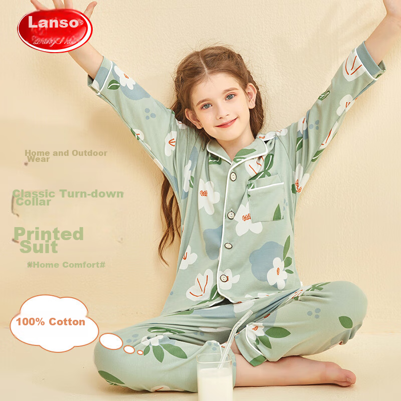 Langsha Children's Pajamas, Girls' All-Season Thin Pure Cotton Lapel Loungewear,...
