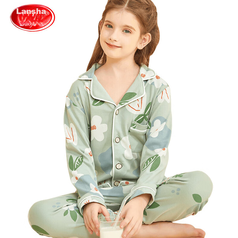 Langsha Children's Pajamas, Girls' All-Season Thin Pure Cotton Lapel Loungewear,...