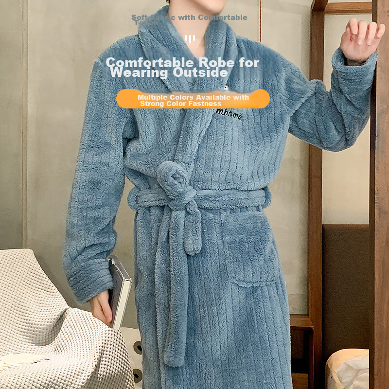 Langsha Men's Pajamas, Autumn And Winter Flannel Thickened Long Robe, Fleece-Lin...