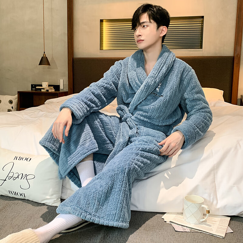 Langsha Men's Pajamas, Autumn And Winter Flannel Thickened Long Robe, Fleece-Lin...