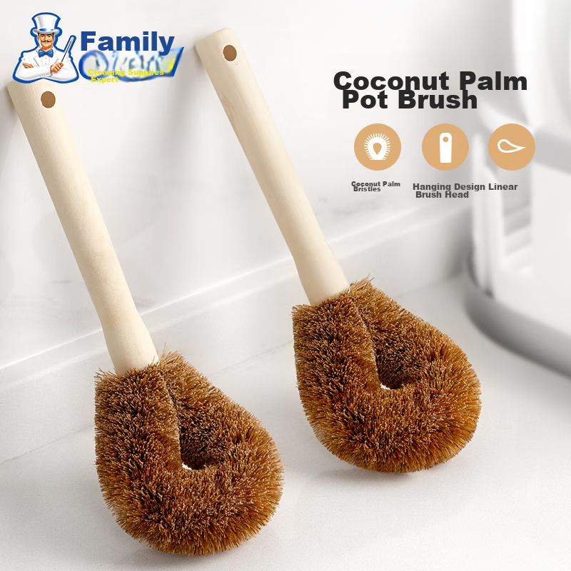 Shijia Natural Coconut Palm Pot Scrubber, Long Handle Kitchen Cleaning Brush, St...