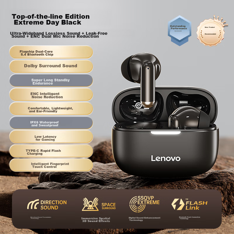 Lenovo True Wireless Bluetooth Earbuds, Semi In-Ear Headphones, Music Sports Gam...