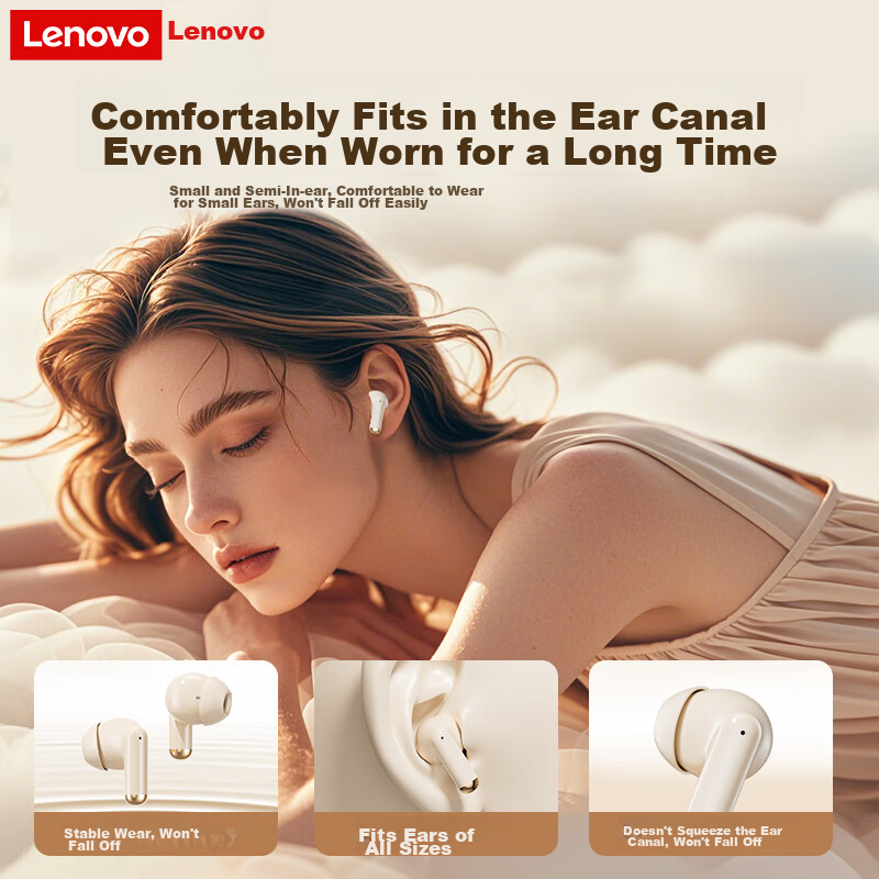 Lenovo True Wireless Bluetooth Earbuds, Semi In-Ear Headphones, Music Sports Gam...