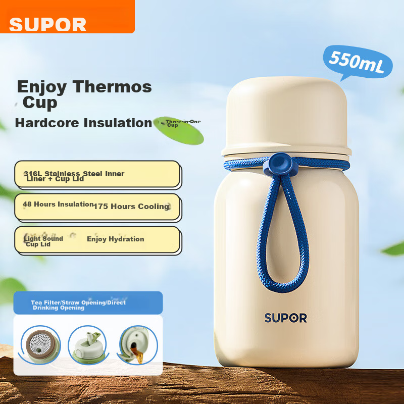 Supor 316L Stainless Steel Straw Insulated Tumbler, Stylish Portable Water Bottl...