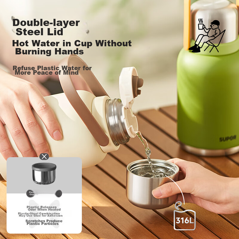 Supor Large Capacity Insulated Mug, Women's Water Bottle, Outdoor Dual-Use Cup,...