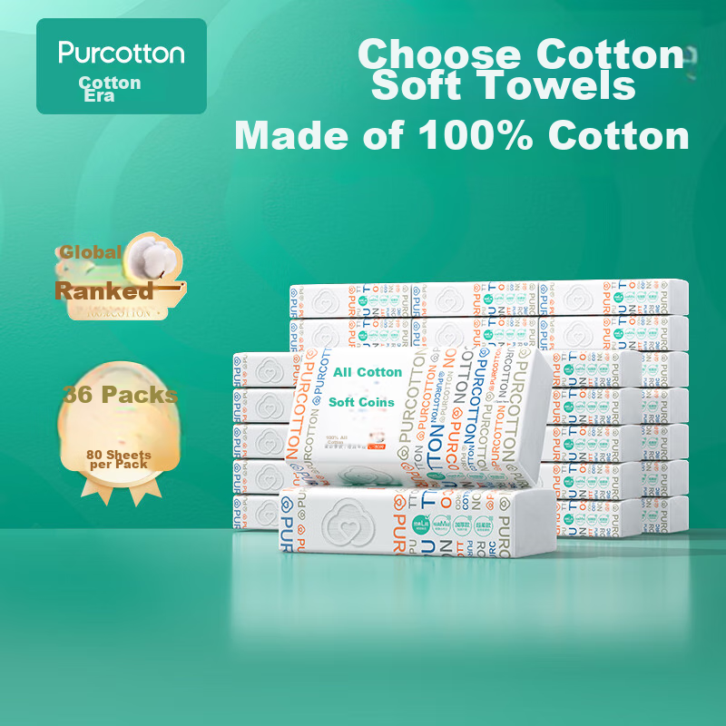 PurCotton Facial Cleansing Wipes, 80 Sheets * 36 Packs, Soft Cotton Towels, Disp...