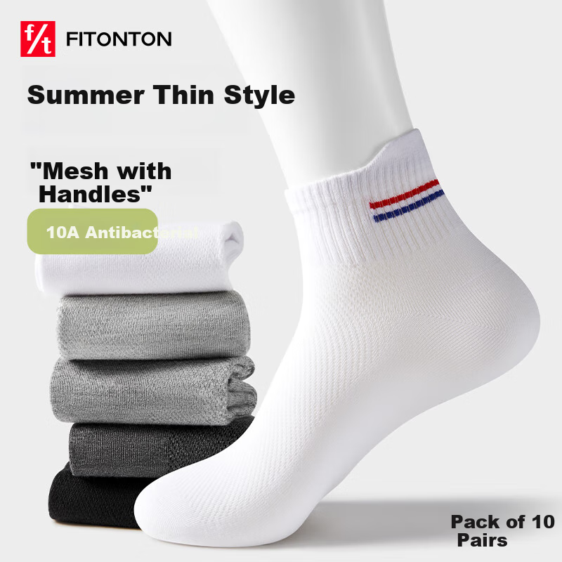FitonTon 10 Pairs Men's Summer Boat Socks Mesh Breathable Antibacterial Odor-res...