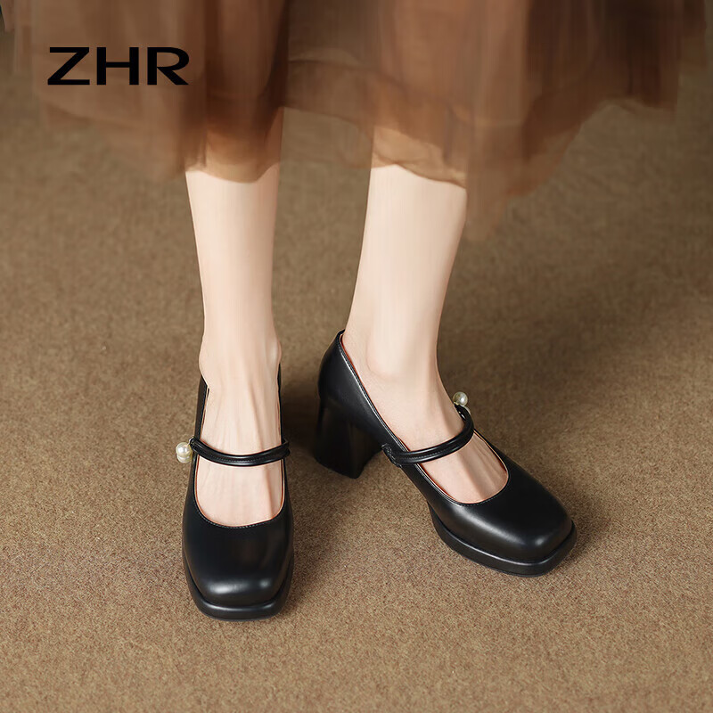 ZHR Mary Jane Shoes Women Spring Autumn Retro French Style Chunky High Heels Sin...