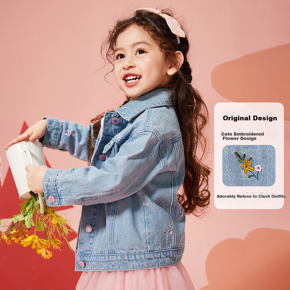 ASK JUNIOR Girls' Spring Jacket with Bow Pocket Children's Washed Denim Jacket S...