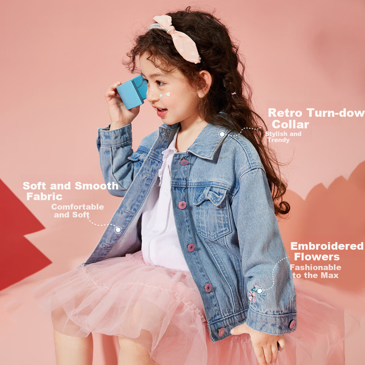 ASK JUNIOR Girls' Spring Jacket with Bow Pocket Children's Washed Denim Jacket S...