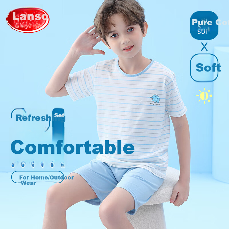 LangSha Boys' Summer Thin Cotton Pajamas Set Short Sleeve Home Wear Light Blue 1...