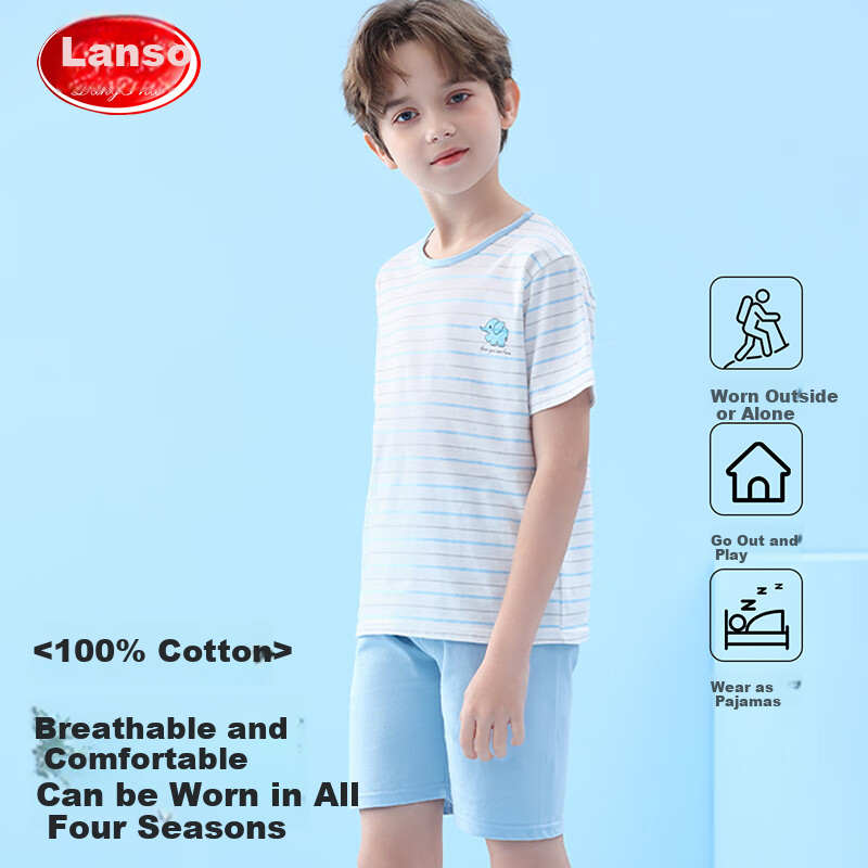 LangSha Boys' Summer Thin Cotton Pajamas Set Short Sleeve Home Wear Light Blue 1...