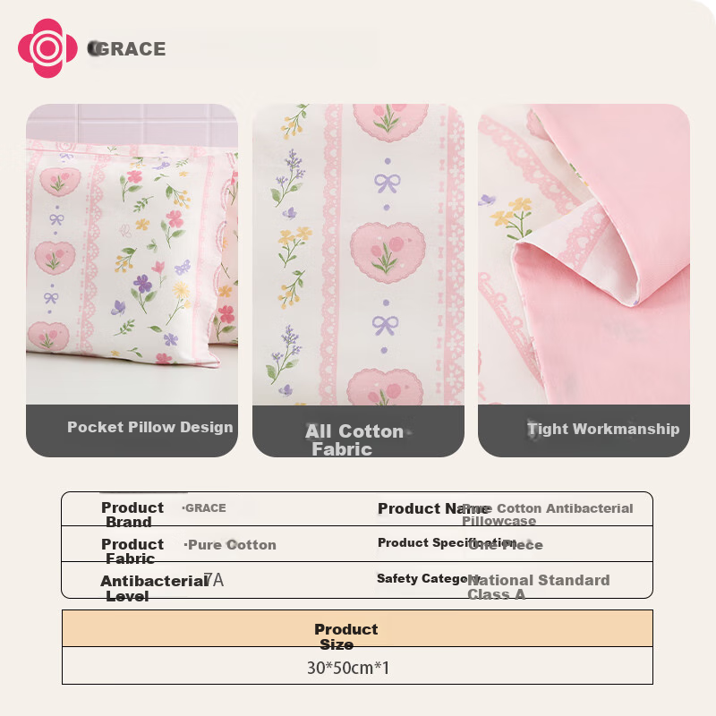 Grace Pillowcase, Class A Antibacterial, 100% Pure Cotton, Sweat-Absorbing Pillo...