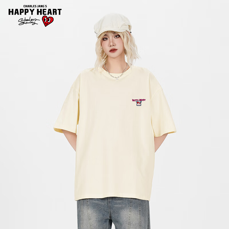 Charles Peach Heart Trendy T-Shirt, Unisex Cute Cartoon Pure Cotton Student Coup...