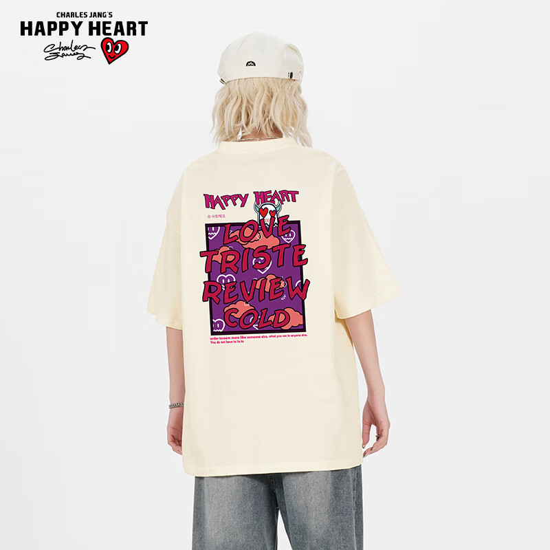 Charles Peach Heart Trendy T-Shirt, Unisex Cute Cartoon Pure Cotton Student Coup...