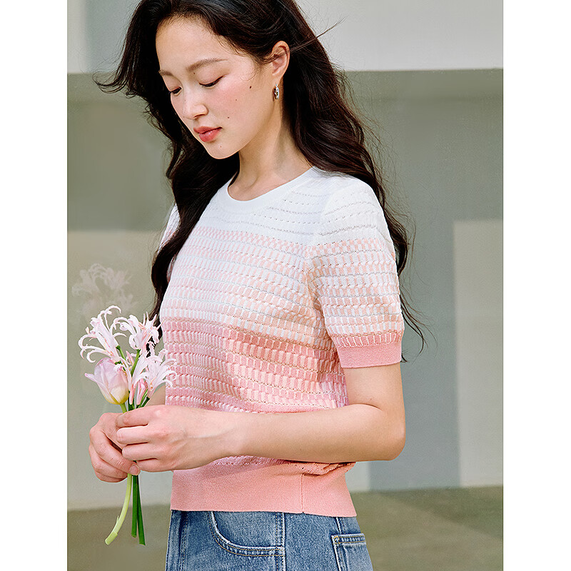 INMAN Tindal Gradient Color Round Neck Knit Short-Sleeve T-Shirt Women's Clothin...