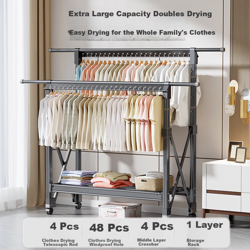Chuangshuo Floor-standing Folding and Telescopic Balcony Clothes Drying Rack wit...