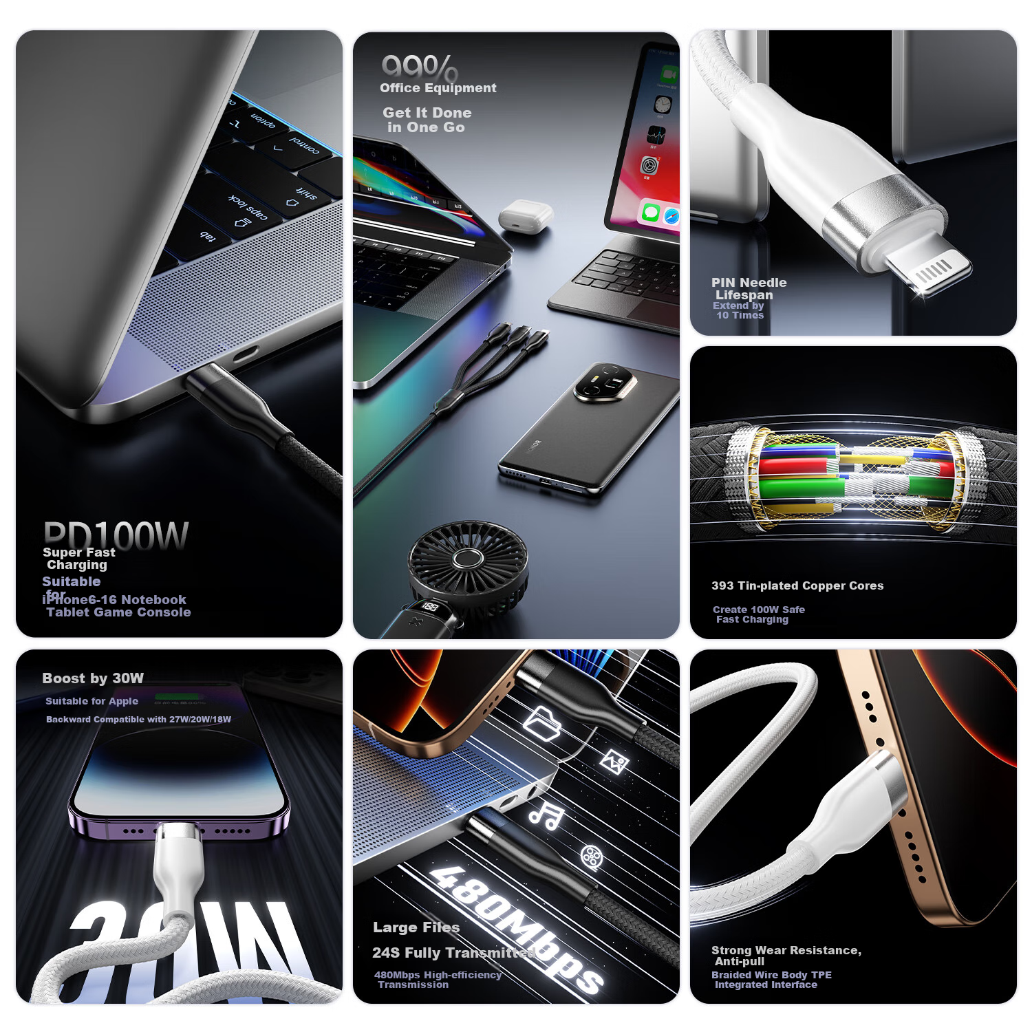 CangHua Type-C 3-in-1 Charging Cable PD100W/30W Fast Charge One Drag Three Head...