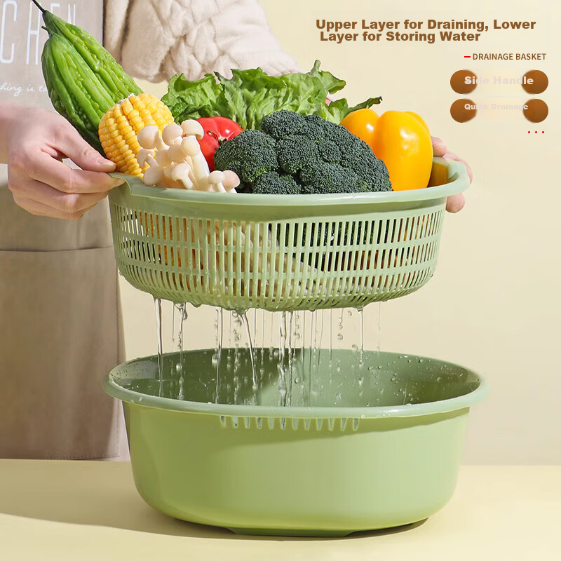 Deepor Double-layer Hollowed-out Vegetable Washing Basket, Fruit Draining Basket, Household Fruit Basket, Creative Plastic Kitchen Vegetable Washing Basin