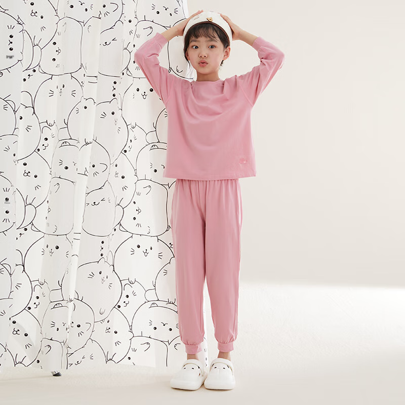 Hongdou Children's Cotton Pajama Set, Boys And Girls Spring And Autumn Loungewear, Moisture-Wicking Sportswear, 3152 Soft Pink, Size 150
