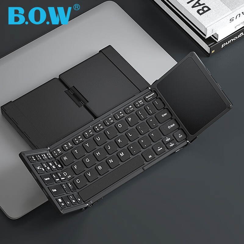 B.O.W Hangshi HB318 Ultra-Thin Foldable Wireless Bluetooth Keyboard, Compatible with Smartphones, Tablets, IPad, And Computers, with Mouse And Touch Control Functions, Universal Keyboard, Black