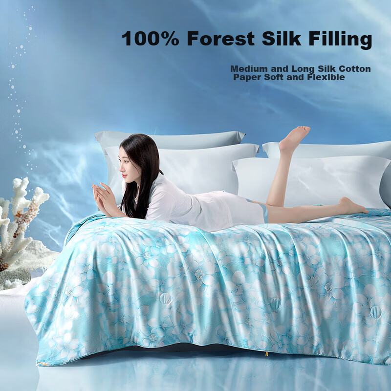 Fuanna Silk Quilt, 100% Silk, Summer Cool Quilt, Double-Sized, Antibacterial, Air Conditioning Quilt, Thin Summer Quilt Core, 2.6 Jin, 203×229cm, Green