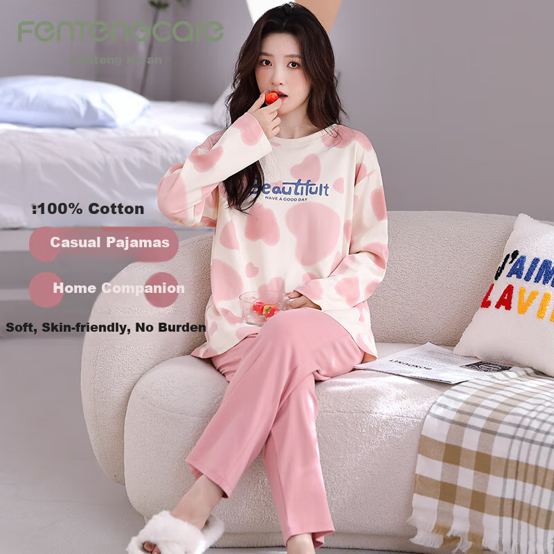 FENTENGCARE Women's Autumn and Winter 100% Cotton Round Neck Long Sleeve Loose-Fit All Cotton Home Wear Q1