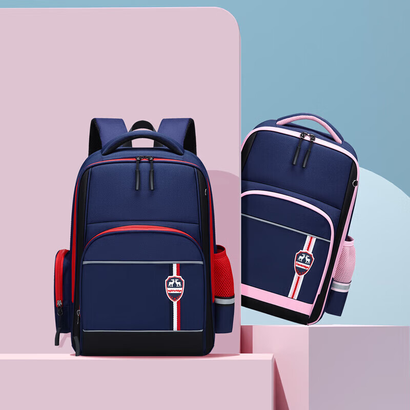 V.NINE British Style Primary School Backpack for Girls Grades 1-3 Sweet Large Capacity Spine-Protecting Double Shoulder Bag for Boys VD1BV33964J Blue with Pink