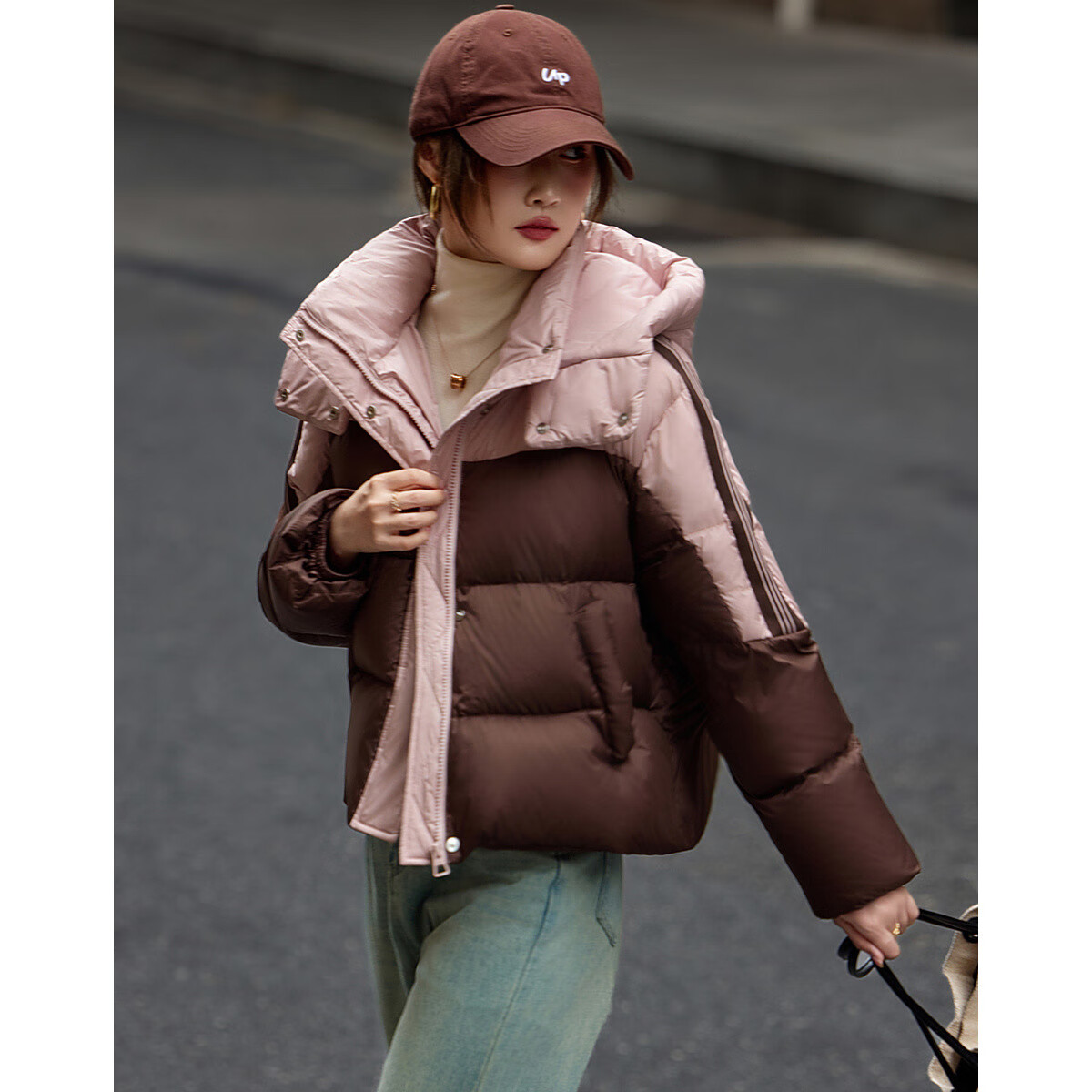 Demana Winter 400T Spring Yarn-Dyed 90% Duck Down, Striped Tapestry Patchwork Short down Jacket for Women, Dark Brown, XL