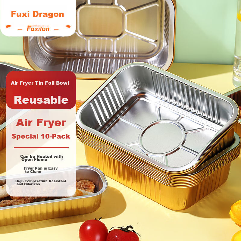 Faxilon Gold Thickened Air Fryer Paper Tin Foil Trays, 10 Pieces, 750ml, for Barbecue And Oven Use, Aluminum Foil Baking Pans
