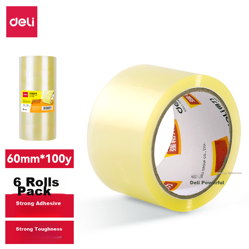 Deli High-Quality Transparent Yellow Packing Tape, 60mm*100y*45μm, 6 Rolls/tube, Office Supplies, JD153