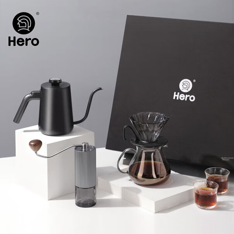 Hero Professional Pour-Over Coffee Maker Set with Coffee Pot, Grinder, Coffee Cup, Hand-Grinding Coffee Set, Pour-Over Gift Box