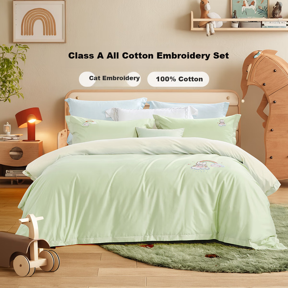 FUANNA Children's A-Class Pure Cotton Four-Piece Set Cartoon Embroidery Full Cotton Bed Sheet Quilt Cover Bedding 1.8m Bed