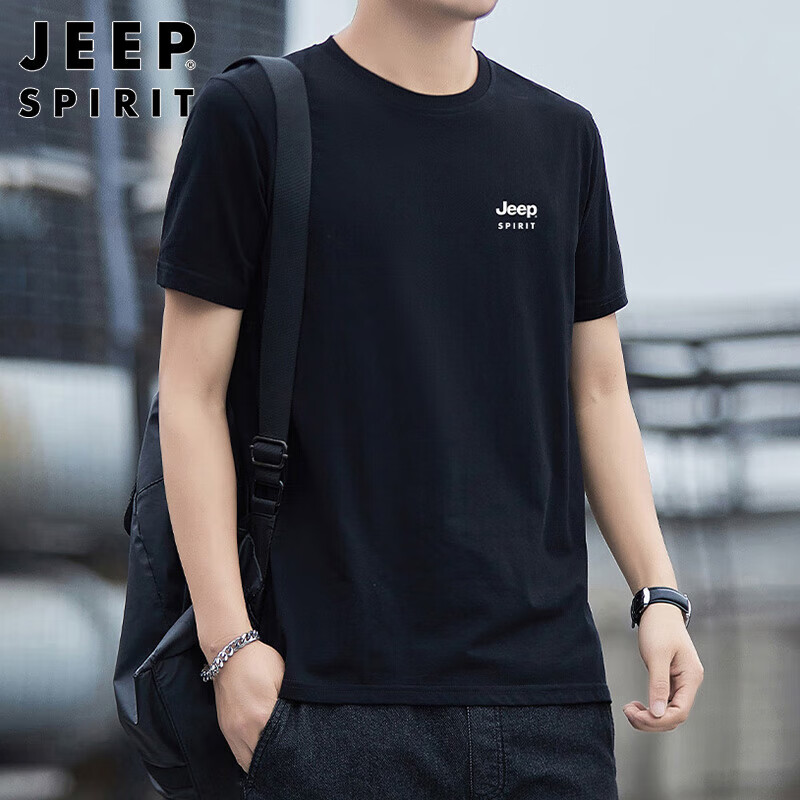 JEEP SPIRIT Men's Short Sleeve T-shirt Summer Cotton Men's Round Neck Casual Top Men's Clothing Black 4XL