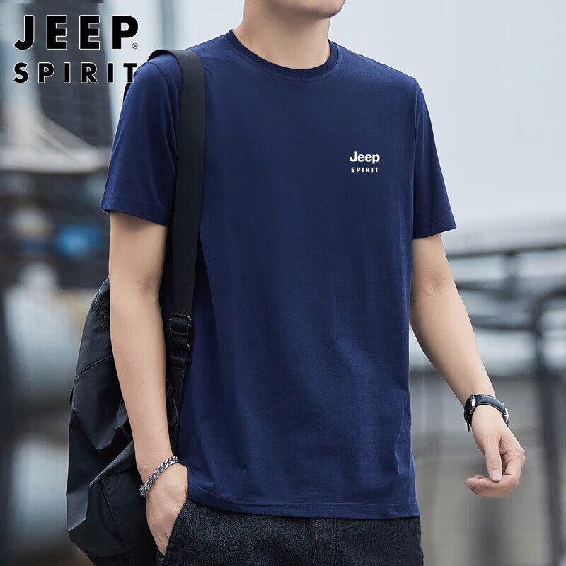 JEEP SPIRIT Men's Short Sleeve T-shirt Summer Cotton Men's Round Neck Casual Top Men's Clothing Deep Blue XL