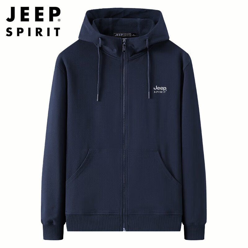 JEEP SPIRIT Men's Sweatshirt, Spring And Autumn Solid Color Long-Sleeve T-Shirt, Men's Hooded Cardigan Jacket, Navy Blue, M