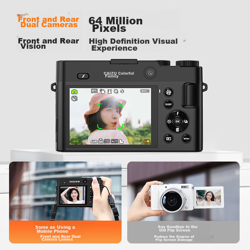 CAIZU Dual-Camera 6400W High-Definition Mirrorless Camera, Entry-Level Student Selfie Vlog Digital SLR Camera, 4K Recording, Portable, Replaces CCD Card Camera, Wide-Angle Lens + 256GB