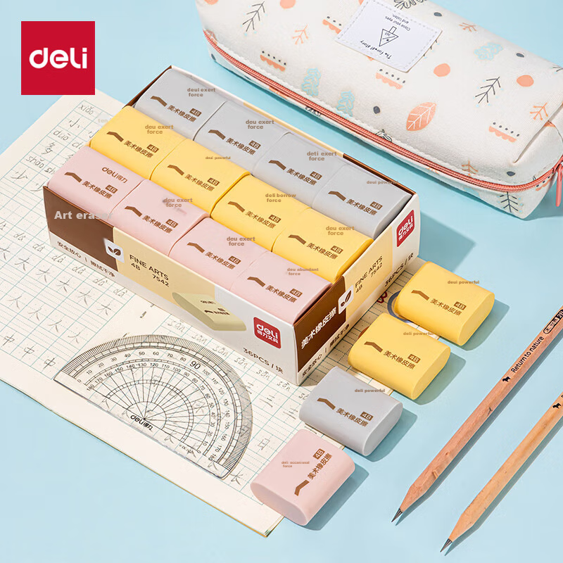 Deli 36 Soft Student Erasers, Multi-Color Exam Stationery for Middle School And College Entrance Exams, Drawing Erasers