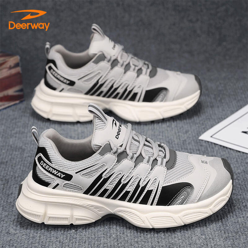 DEERWAY Men's Sports Shoes 2025 Spring/Summer Thick-soled Casual Dad Shoes Men Gray/Black Size 43