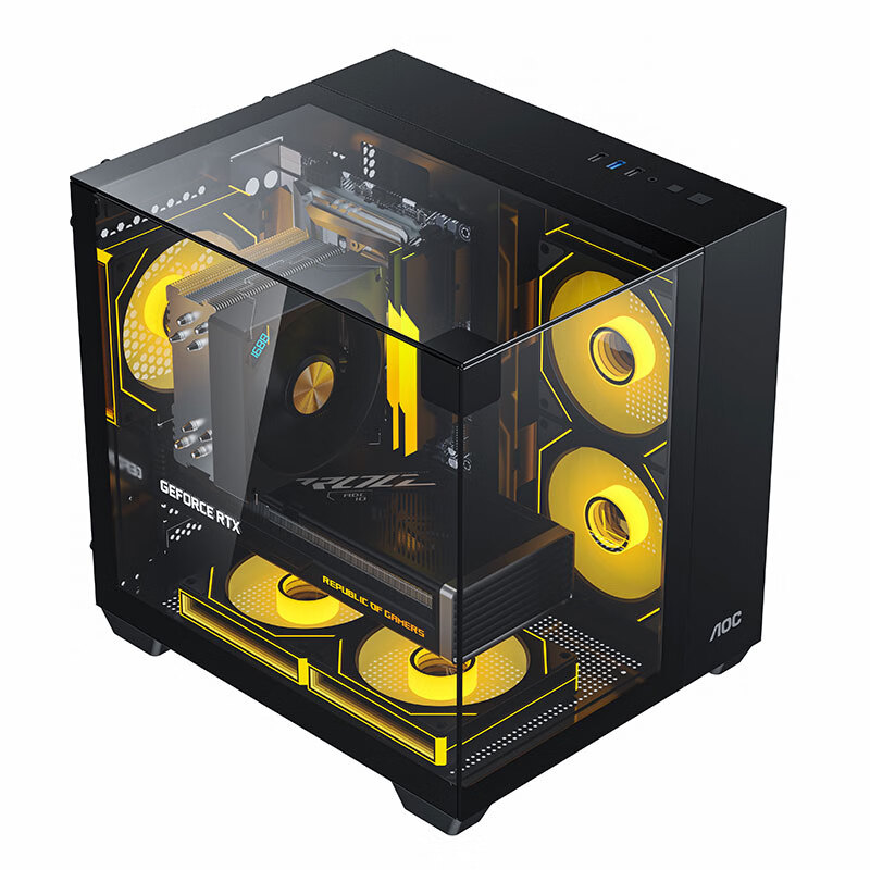 AOC Starry Sea CG389 Black Gaming Computer Case with Sea View House Design, Three-Sided Glass, No Pillar, MATX Support, 7 Fan Slots, 3D Stereoscopic Panorama, Left and Right Compartment